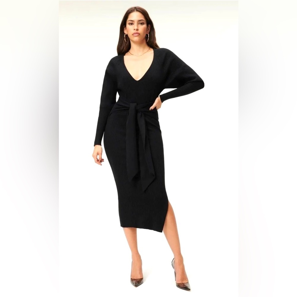Good American Black Ribbed Sweater Dress Midi Size 1-2 (Small- Medium)